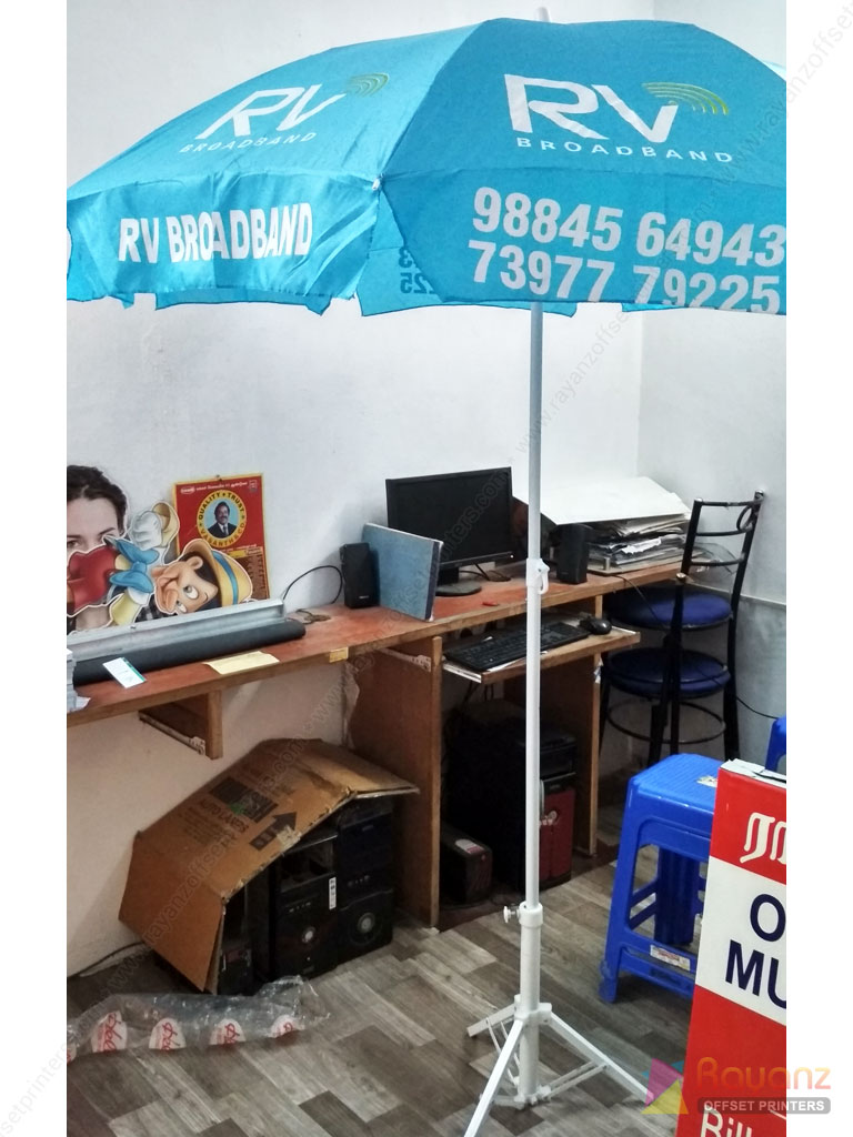 Blue colour umbrella and stand with Logo printing sample