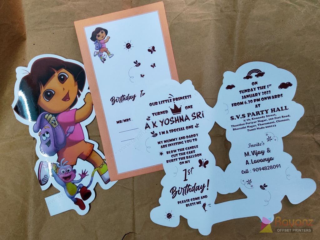 Dora 1st Birthday Invitation printing sample in Chennai