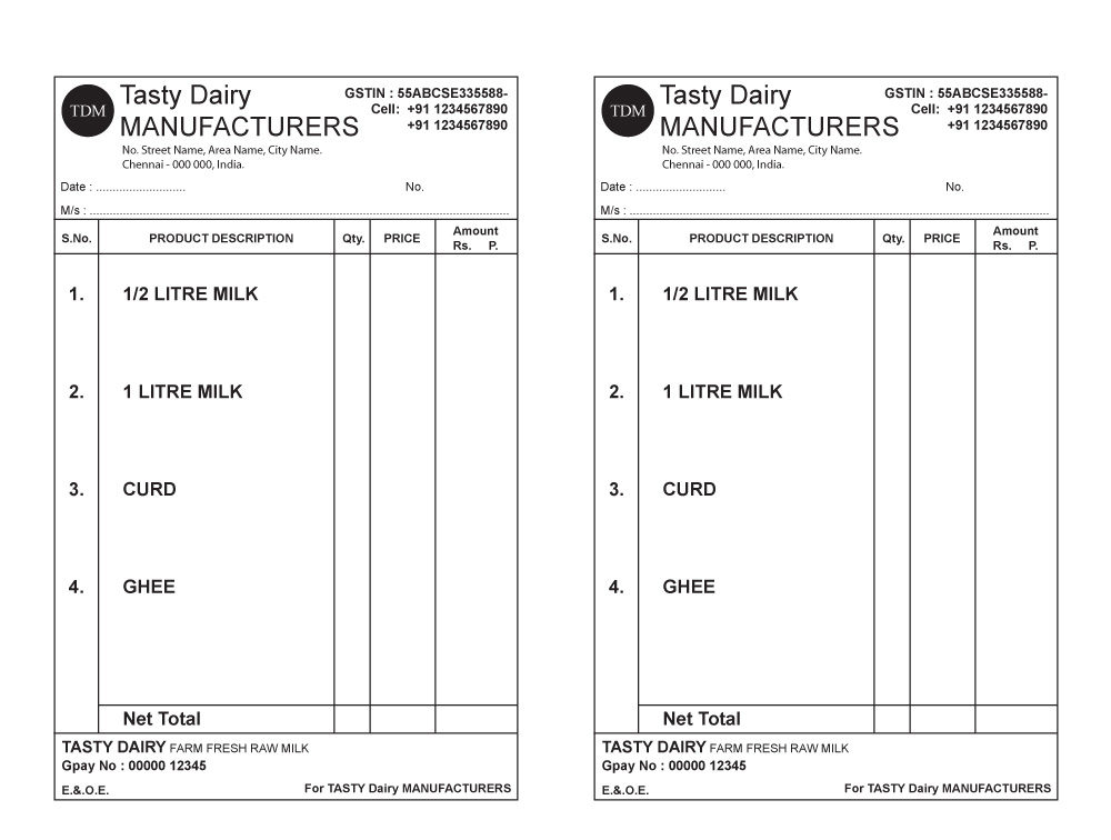 An illustration of a customizable bill book design template for dairy products.