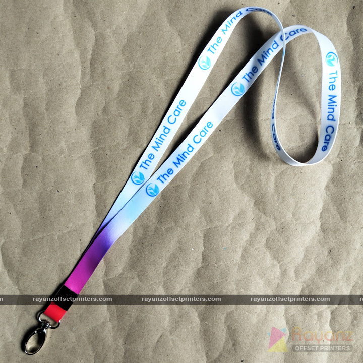 16mm satin ID card lanyard printed for psychology clinic branding with multicolor gradient finish