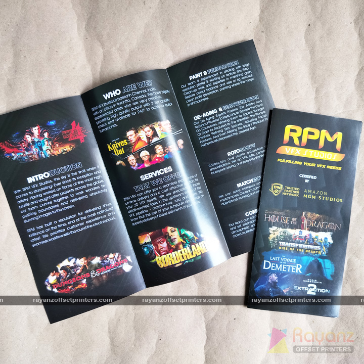 Multicolor A4 tri-fold pamphlet for RPM VFX Studios, showcasing VFX services and collaborations with major productions like House of the Dragon, Knives Out, and Transformers.