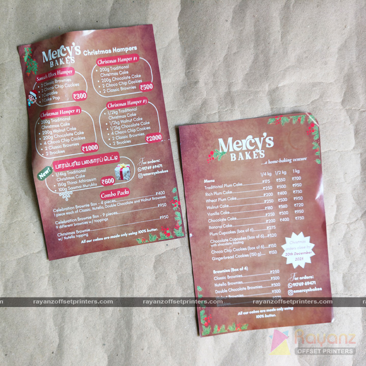 Bakery Pamphlet Printing Chennai – Powerful Way to Increase Cake Orders with 2000+ Flyers from ₹3150 1 Bakery Pamphlet Printing Chennai featuring Christmas hamper and cake menu flyers