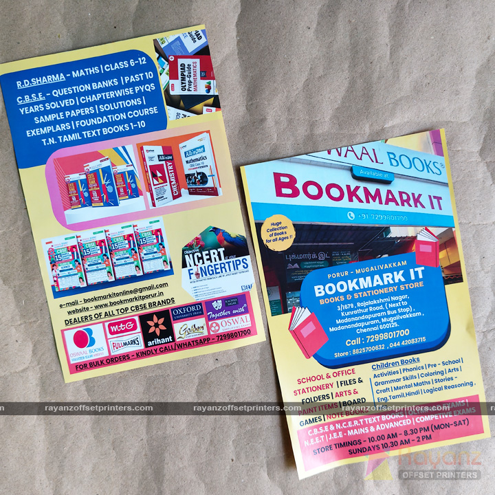 Boost Your Bookstore Promotion with Multicolor Flyer Printing – Professional Pamphlets for Better Local Reach 2 Multicolor flyer printing sample for bookstore and stationery shop promotion in Chennai