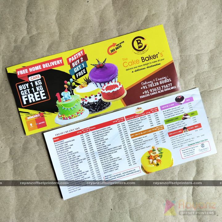 Multicolor cake shop pamphlet featuring bakery menu, combo offers, and home delivery details
