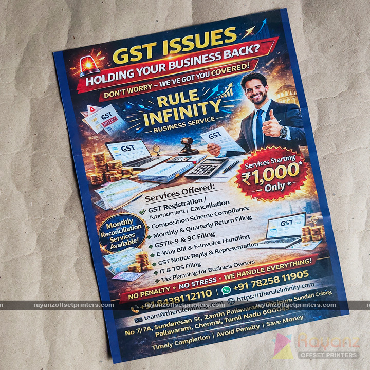 GST Pamphlet Printing Chennai – Powerful Business Promotion with 1000+ A4 Flyers from ₹3150 1 GST Pamphlet Printing Chennai A4 accounting and GST services flyer